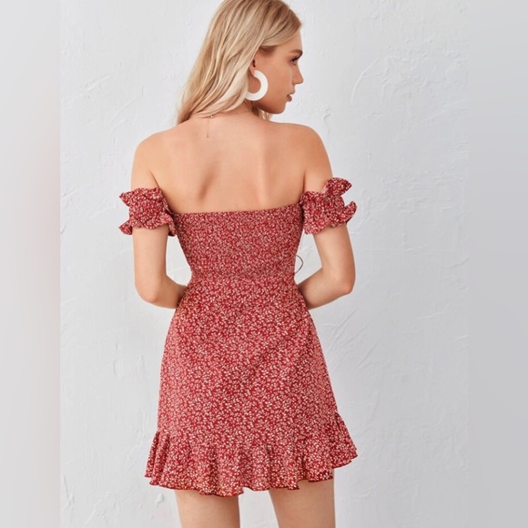 Red Off Shoulder Tie Front Cutout Shirred Back Bardot Ruffle Hem Dress - Picture 13 of 13